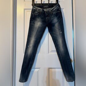 BEBOCK Express Skinny Jeans, Size 4.   Dark blue distressed denim.